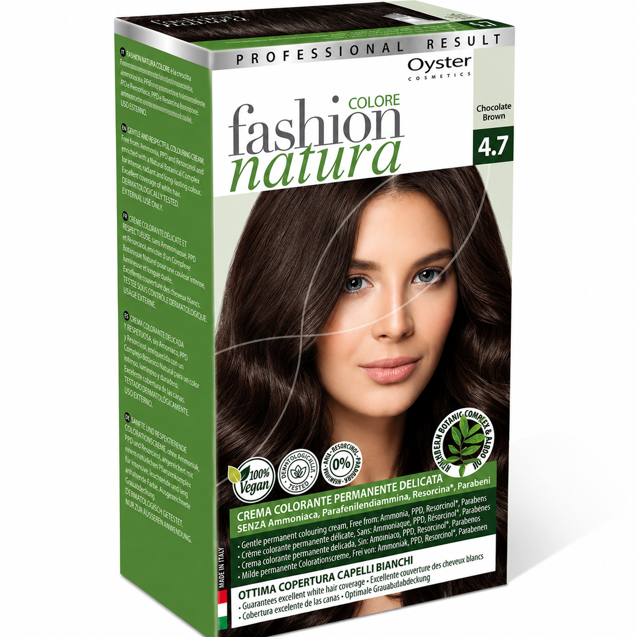 Oyster Cosmetics Fashion Natura hair dye in shade 4.7 Chocolate Brown, shown in its retail packaging box.