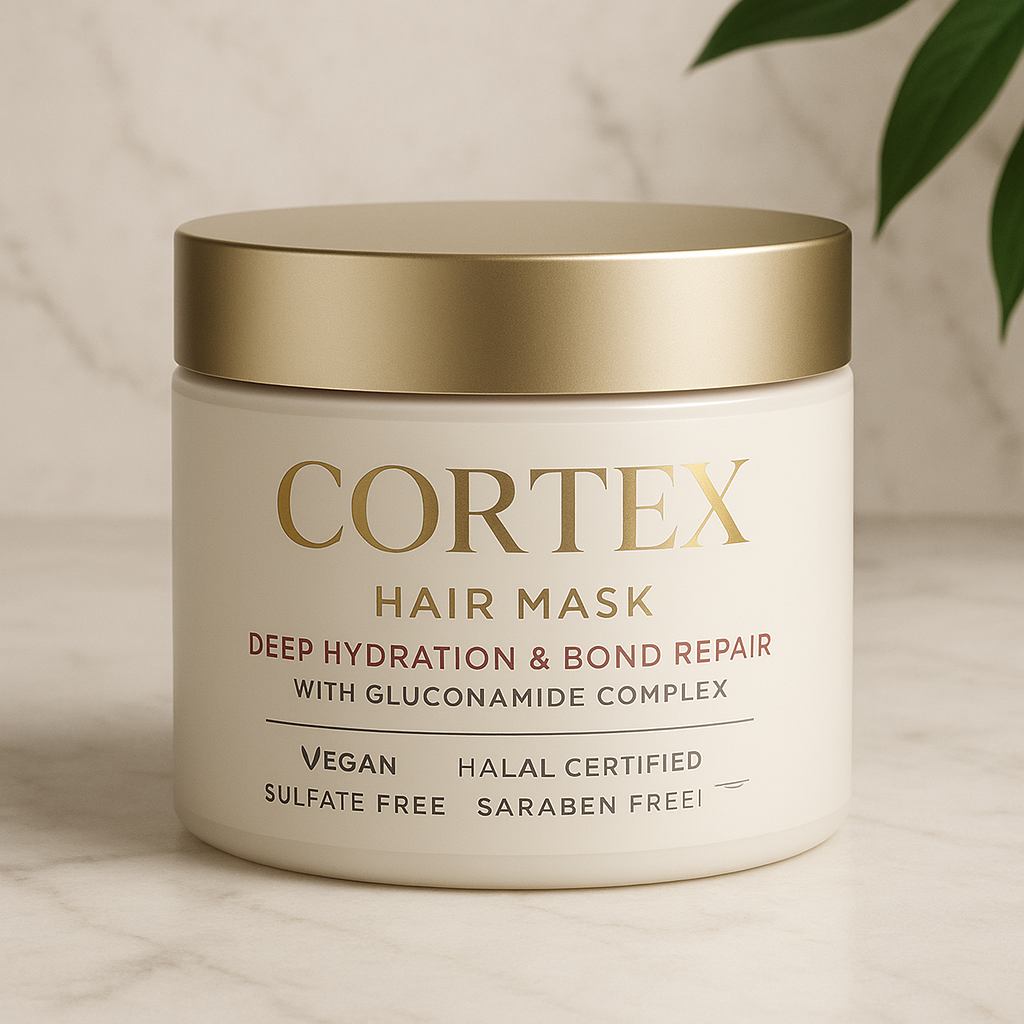 Cortex Deep Repair Hair Mask – 500ml jar with gold lid on white background
Open jar of Cortex hair mask showing rich, creamy texture
Cortex bond repair mask – vegan, halal-certified hair treatment
Luxury hair mask for dry, damaged or bleached hair