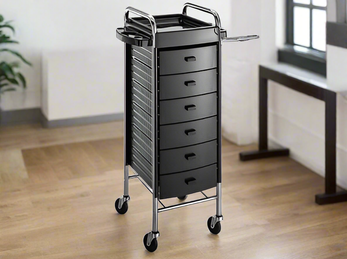 Luxury Italian salon trolley with storage, wheels and heat resistant surface. Italian trolley buy from salonservdirect
