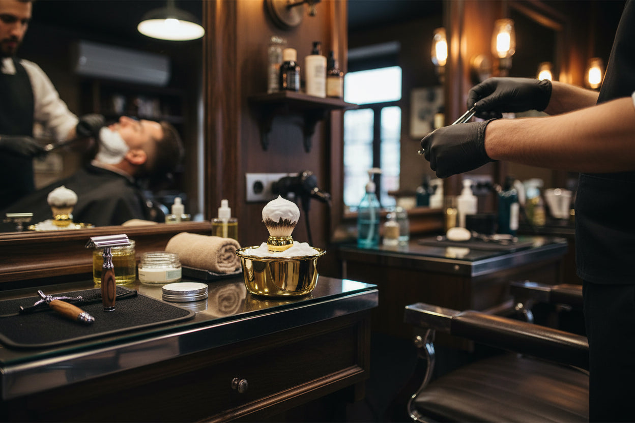 Gold-plated stainless steel Omega lathering bowl.