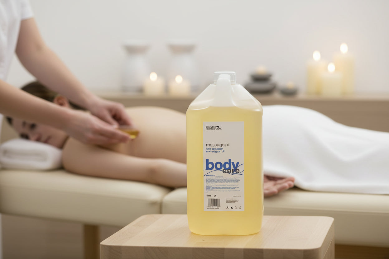 Strictly Professional Massage Oil with soyabean and wheatgerm in a 4-litre bottle for salon and spa use available from salonservdirect